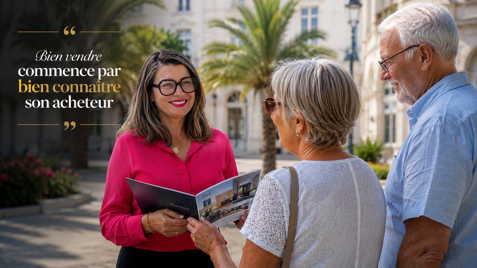 Cécile Bazerque accueille un couple de retraités devant une résidence dacquoise