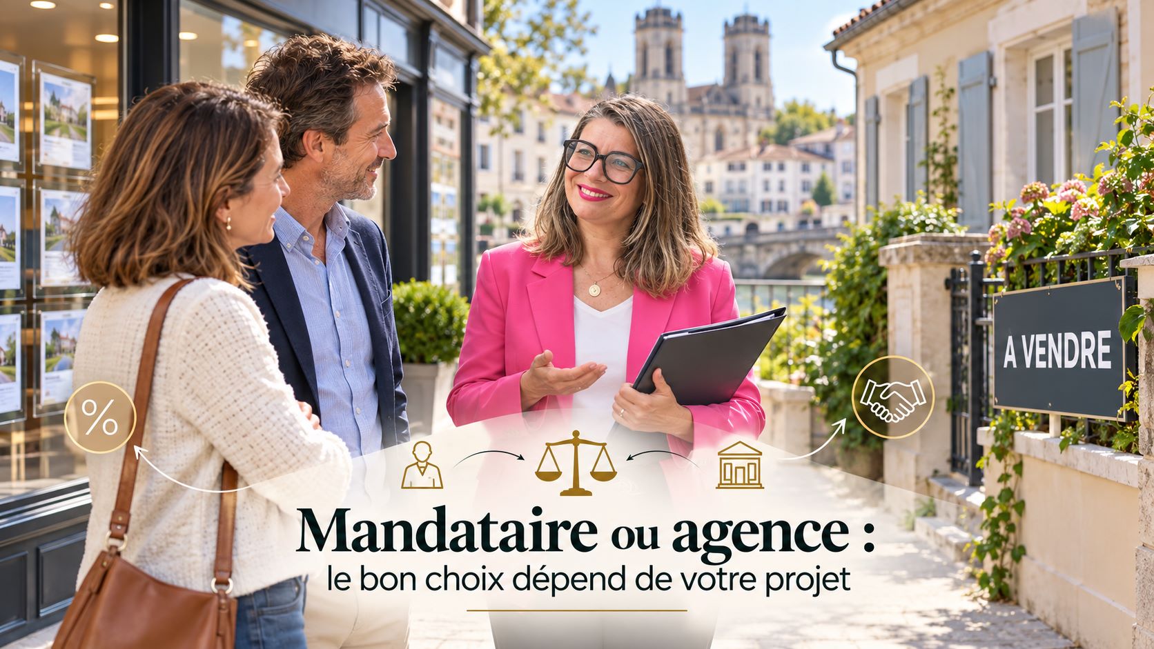 Cécile Bazerque, conseillère iad, échange avec des vendeurs entre une agence vitrée et une maison en vente à Dax